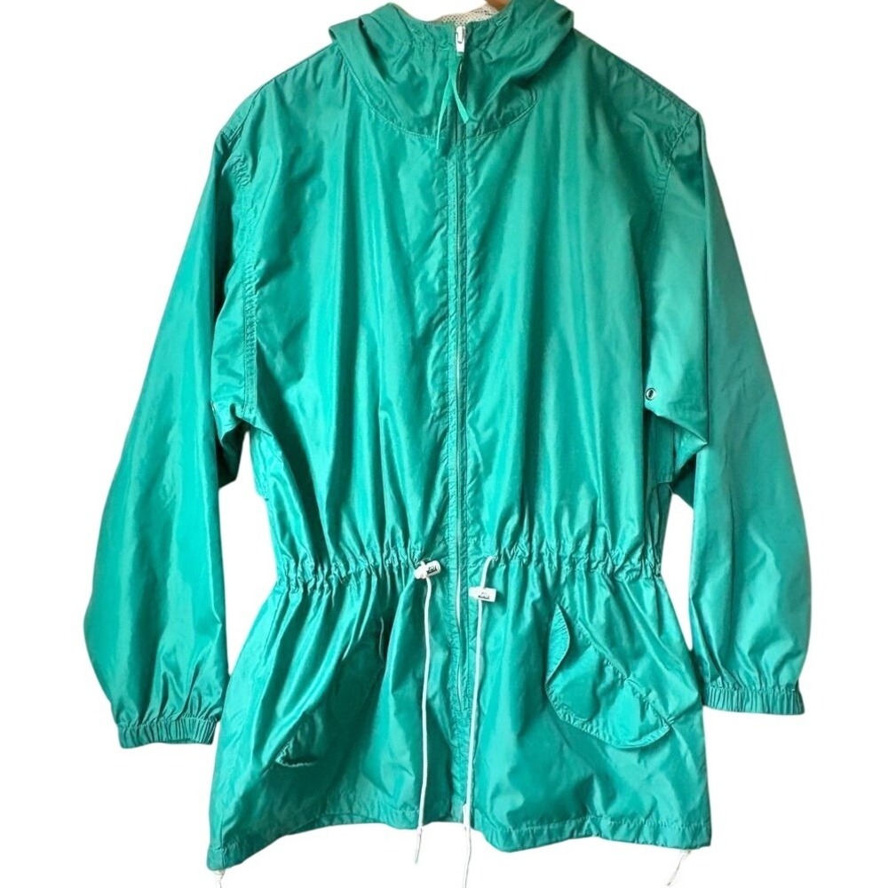 WOOLRICH Vintage Jade Green Lightweight Hooded Windbreaker Cinched Jacket SM-MED